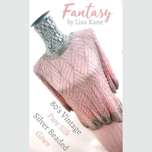 Fantasy by Lisa Kane, Silver-Beaded, Pink Pure Silk Chiffon Dress, Size 14-16 - Picture 3 of 14